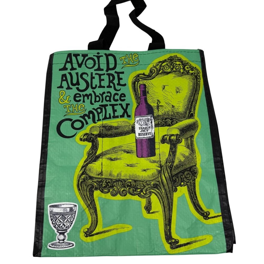 Trader Joes Reusable Tote Bag Graphic Wine Theme Creamy Buttery Avoid Austere
